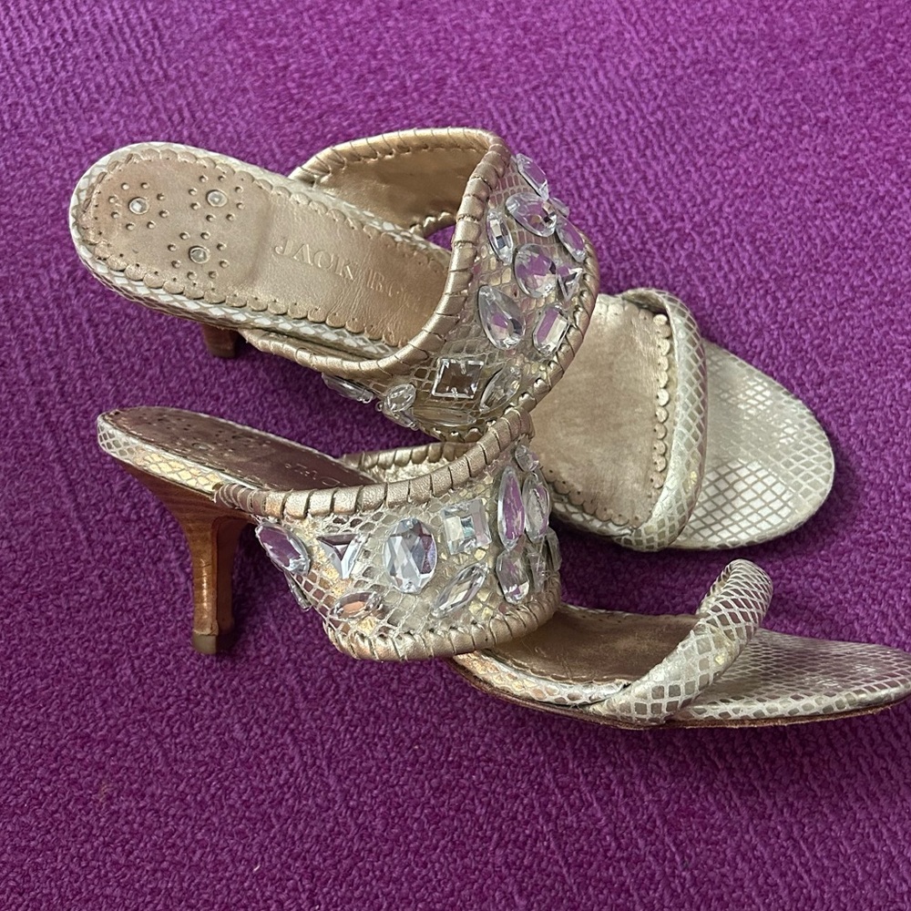 Jack Rogers Zsa Zsa Metallic Snakeskin Crystal Embellished Heel Sandals, 7.5